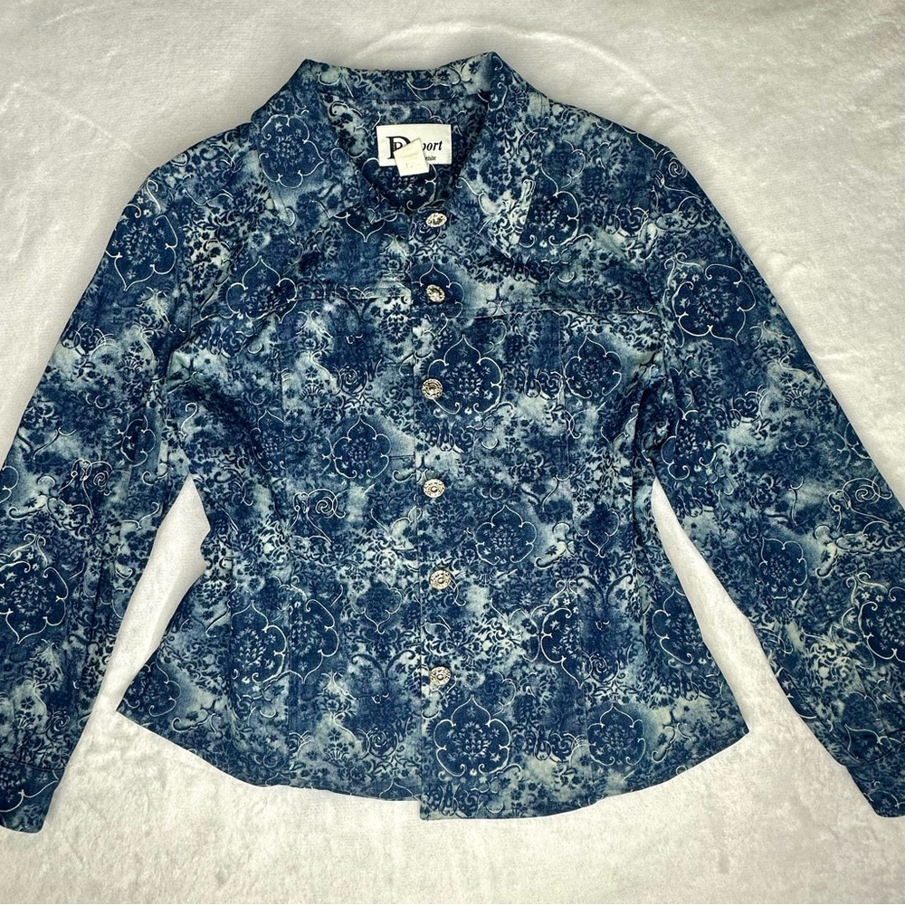 VINTAGE Blue Denim Paisley Button Up Jean Jacket, D R Sport Petite, Size 8P